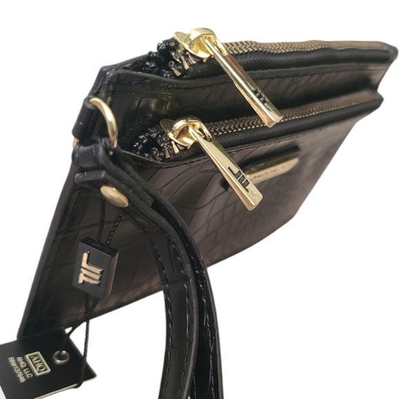 LONDON FOG Collection Danica Croco Wristlet Double Pouch Black with Gold Accents - Picture 6 of 14